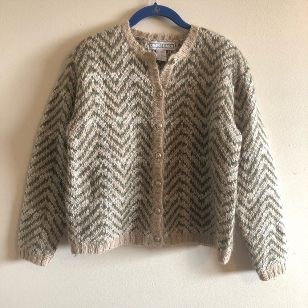 Vintage Mohair Shag Cardigan in Neutral Chevron Pattern